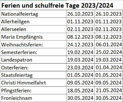 Schulfreie Tage im SJ 23/24